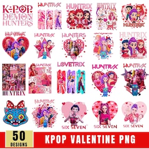 Puede incluir: Una colección de 50 diseños PNG de San Valentín K-Pop. Las imágenes presentan varios personajes de dibujos animados, corazones y elementos de texto como "HUNTRIX", "LOVETRIX" y "SIX SEVEN". La paleta de colores incluye rosa, rojo y azul.