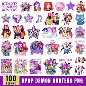 Pode incluir: Uma coleção de 100 designs PNG de K-Pop Demon Hunters. As imagens apresentam vários personagens, estrelas e elementos de texto, incluindo as palavras "K-Pop Demon Hunters" e "Huntrx". Os designs são em cores vibrantes e em estilo cartoon.