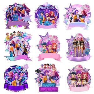 May include: A collection of nine decorative cake toppers featuring the Huntrix characters in various poses with disco balls, stars, musical notes, and light sticks. Several designs include blank purple or pink banners for text, while one features the text Happy Birthday.