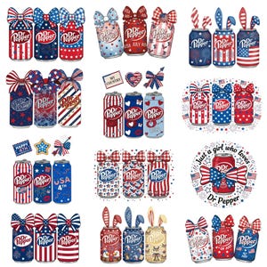 May include: A collection of Dr. Pepper soda cans with patriotic designs. The cans feature red, white, and blue patterns, bows, and text like "USA" and "4th of July." Some cans have bunny ears.