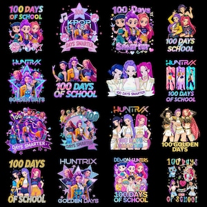 May include: A series of colourful graphic designs on a black backdrop. Each design features stylised illustrations of anime-style characters, with text reading "100 Days of School", "Days Smarter", and "Golden Days". The designs are in vibrant colours.