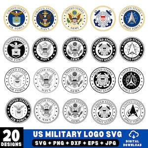 May include: A collection of 20 US military logo designs in SVG, PNG, DXF, EPS, and JPG formats. The logos feature the emblems of the Air Force, Navy, Army, Coast Guard, and Space Force, in both color and black and white.