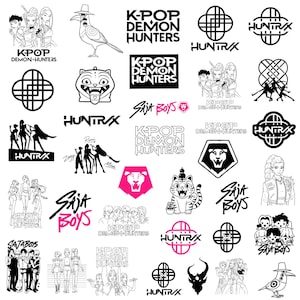 May include: A collection of black and white illustrations and logos, including text that reads "K-POP DEMON HUNTERS" and "SAJA BOYS". The images feature stylized figures, animals, and geometric designs.