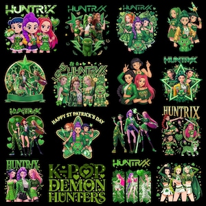 以下が含まれることがあります： 「HUNTRIX」の文字と、緑色の衣装を着たアニメ風のキャラクターのイラストが描かれたグラフィックデザインのコレクション。「Happy St. Patrick's Day」や「K-POP DEMON HUNTERS」などのテキストも含まれています。