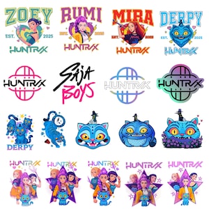 May include: A collection of colorful graphic designs featuring stylized illustrations and text. Designs include portraits of women, a cat, and a tiger, along with the text "ZOEY", "RUMI", "MIRA", "DERPY", and "SAJA BOYS". The word "HUNTRX" is also present.