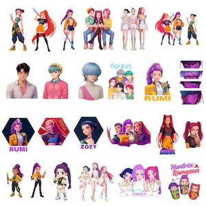 May include: A collection of colorful digital illustrations featuring anime-style characters. The images showcase various characters in dynamic poses, with vibrant clothing and accessories. Some images include text such as "RUMI", "ZOEY", and "MIRA".