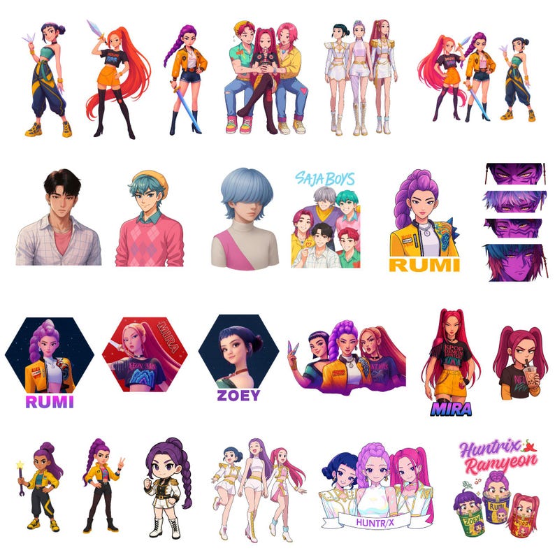 May include: A collection of colorful digital illustrations featuring anime-style characters. The images showcase various characters in dynamic poses, with vibrant clothing and accessories. Some images include text such as "RUMI", "ZOEY", and "MIRA".