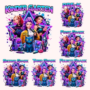 May include: A digital graphic design featuring three anime-style characters, a blue cat, and school supplies set against a neon star background. Text labels include Kindergarten, Pre-K, First Grade, Second Grade, Third Grade, and Fourth Grade.