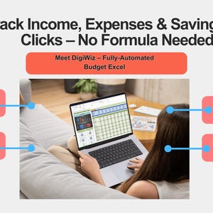May include: A person uses a laptop showing a budget spreadsheet. Text in the image reads: "Track Income, Expenses & Savings in 3 Clicks - No Formula Needed!" and "Meet DigiWiz - Fully-Automated Budget Excel."