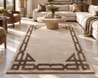 Hand Tufted Beige Brown Rug, Geometric Border Area Rug, Greek Key Carpet, Traditional Modern Rectangle Rug, Custom size