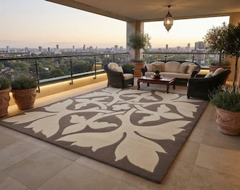Alfombra floral tejida a mano, alfombra botánica neutra, alfombra decorativa contemporánea para sala de estar, alfombra de 8 x 10 pies