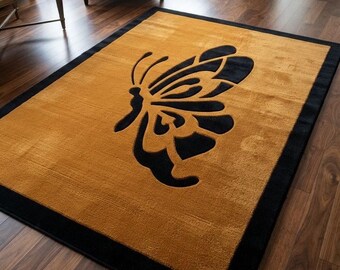 Alfombra de mariposa tejida a mano, alfombra de lana color oro mostaza, alfombra moderna de naturaleza, alfombra para sala de estar con borde negro, decoración hecha a mano con estilo.