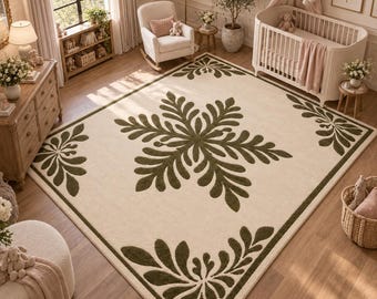 Hand Tufted Botanical Floral Rug Olive Green Cream Area Rug for Living Room Nature Décor Custom Size