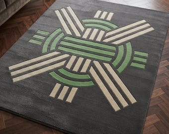 Alfombra geométrica de lana tejida a mano, alfombra moderna Art Déco, alfombra abstracta gris verdosa, decoración contemporánea para sala de estar, alfombra de 2.4 x 3 metros.
