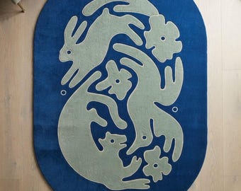 Alfombra de lana con diseño de conejito tejida a mano, alfombra ovalada para guardería, alfombra escandinava con diseño de conejo, decoración moderna para habitación infantil, alfombra con estampado floral de animales.