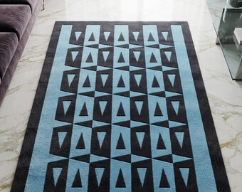 Alfombra geométrica azul tejida a mano, alfombra de lana abstracta moderna, alfombra contemporánea llamativa, alfombra minimalista para sala de estar,