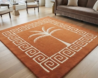 Alfombra de lana tejida a mano con diseño de palmeras, alfombra con borde de greca en terracota, alfombra artesanal de estilo bohemio costero moderno para sala de estar.