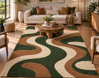Hand Tufted Wavy Stripe Rug Green Brown Cream Modern Area Rug for Living Room Bedroom Custom Size