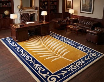 Alfombra de hojas de palma tejida a mano, alfombra botánica tropical de lana, alfombra moderna azul mostaza para sala de estar, decoración bohemia costera para el hogar