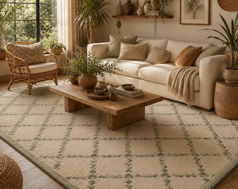 Hand Tufted Green Cream Trellis Rug, Japandi Area Carpet, Geometric Diamond Rectangle Rug, Living Room Bedroom, Custom Size Medium Pile