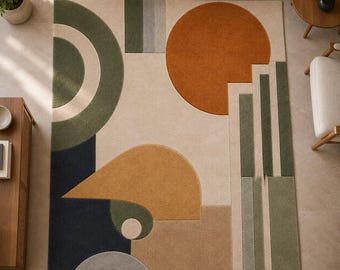Abstract Geometric Area Rug, Hand Tufted Wool Carpet, Modern Living Room Rug, Contemporary Mid Century Décor, Custom Size