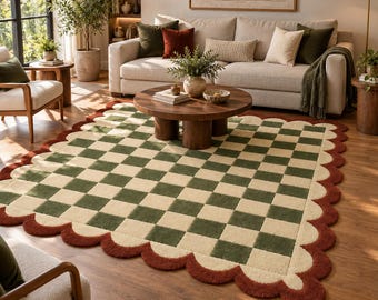 Hand Tufted Checkerboard Rug Green Cream Scalloped Edge Area Rug for Living Room Bedroom Custom Size