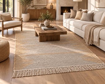 Hand Woven Neutral Rug, Beige Gray Striped Area Rug, Boho Minimalist Carpet, Textured Flatweave Rug, Custom size