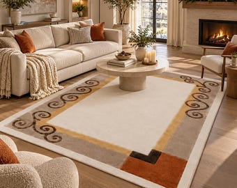 Traditional Scrollwork Rug, Hand Tufted Area Rug, Brown Cream Vintage Carpet, Elegant Living Room Rug, Custom Size Rug