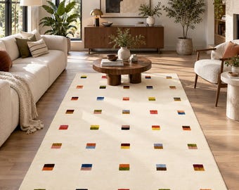 Hand Tufted Geometric Rug Cream Wool Area Rug Minimalist Multicolor Modern Living Room Décor Custom Size