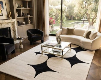 Alfombra de lana tejida a mano para sala de estar, alfombra moderna en blanco y negro, abstracta, decoración contemporánea, alfombra de lana de 2,7 x 3,65 m.