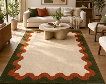Hand Tufted Wool Rug, Scalloped Border Rug, Ivory Rust Green Rug, Classic Coastal Living Room Rug, Preppy Style Rug, Custom Size Rug