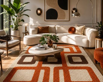 Hand Tufted Geometric Rug, Mid Century Modern Area Rug, Abstract Retro Carpet, Orange Brown Ivory, Custom Size, Medium Pile