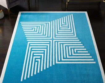 Alfombra de lana tejida a mano para sala de estar, alfombra abstracta moderna azul, decoración de mediados de siglo, alfombra de lana de 2,7 x 3,65 m.