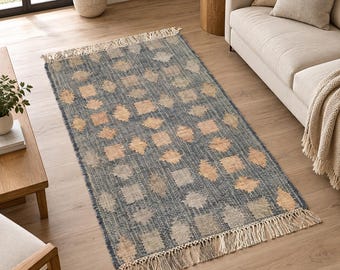 Hand Woven Runner Rug, Boho Geometric Area Rug, Gray Beige Diamond Pattern Carpet, Custom size