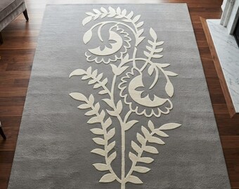 Alfombra de lana gris tejida a mano con diseño floral, alfombra botánica de lana, decoración escandinava contemporánea para sala de estar, alfombra de lana de 2.4 x 3 metros.