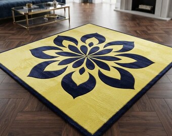 Alfombra de lana contemporánea con medallón floral para sala de estar con diseño de loto para decoración moderna del hogar.