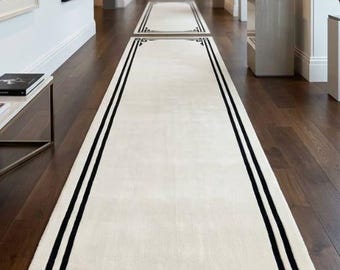 Alfombra de pasillo tejida a mano, alfombra de lana moderna con borde, alfombra para recibidor, alfombra minimalista contemporánea para recibidor, tamaño personalizado.