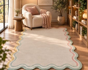 Hand Tufted Scalloped Rug Cream Beige Pastel Border Area Rug Scandinavian Bedroom Nursery Living Room Custom Size Rug