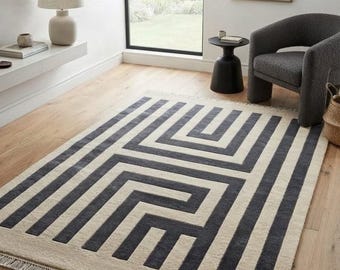 Hand Knotted Geometric Rug, Modern Maze Pattern Area Carpet, Black Ivory Minimalist Rug, Custom Size Rectangle Rug, Low Pile Living Room
