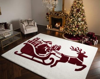 Hand Tufted Christmas Rug Santa Sleigh Reindeer Red White Wool Area Rug Holiday Décor for Living Room Custom Size