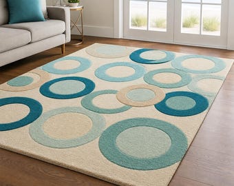 Hand Tufted Abstract Circle Rug, Turquoise Blue Geometric Area Rug, Modern Contemporary Carpet, Scandinavian Living Room Bedroom Décor
