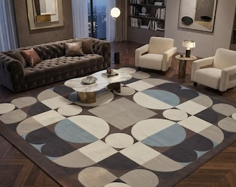 Alfombra geométrica tejida a mano, alfombra abstracta de lana, alfombra contemporánea neutra, decoración de lujo para sala de estar, alfombra de 2,7 x 3,6 metros.