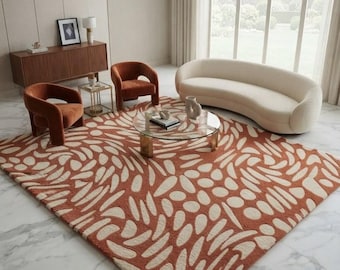Alfombra abstracta de terracota tejida a mano, alfombra moderna orgánica, alfombra contemporánea para sala de estar, alfombra de lana de 8 x 10 pies.