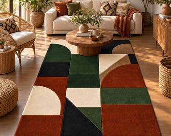 Hand Tufted Geometric Color Block Rug Rust Green Cream Wool Area Rug Modern Living Room Décor Custom Size