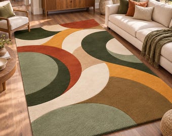 Hand Tufted Geometric Rug, Mid Century Modern Area Rug, Retro Abstract Carpet, Olive Green Living Room Rug, Custom Size rug