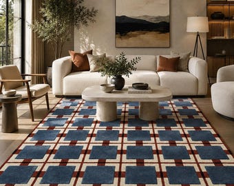 Hand Tufted Geometric Rug, Navy Blue Checkerboard Area Rug, Modern Farmhouse Carpet, Southwestern Grid Rug, Living Room Décor