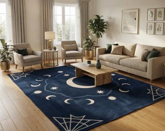 Hand Tufted Celestial Rug, Navy Blue Moon Area Rug, Crescent Moon Star Carpet, Boho Cosmic Rectangle Rug, Custom size