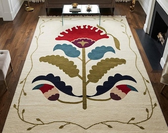 Alfombra de lana escandinava floral anudada a mano, alfombra de arte folclórico nórdico, alfombra botánica hecha a mano para sala de estar, alfombra artesanal color marfil, alfombra de 2,4 x 3 metros.