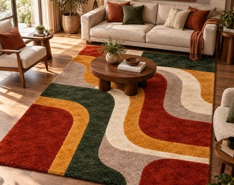 Hand Tufted Abstract Rug Rust Mustard Green Wool Area Rug Modern Living Room Décor Custom Size Rectangle Rug