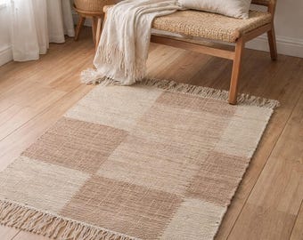 Hand Woven Neutral Rug, Boho Beige Area Rug, Abstract Geometric Carpet, Minimalist Farmhouse Rug, Fringed Rectangular Floor Décor